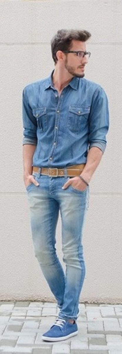 blue denim shirt outfit mens